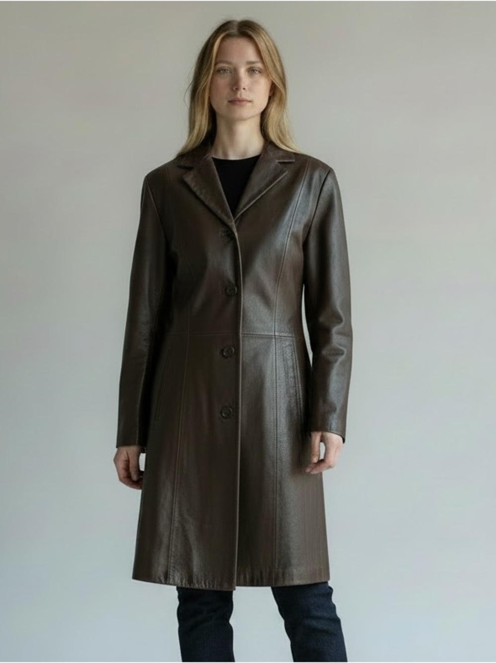PRAGUE Classic Timeless Dark Brown Leather Button Front Long Coat Trench Jacket